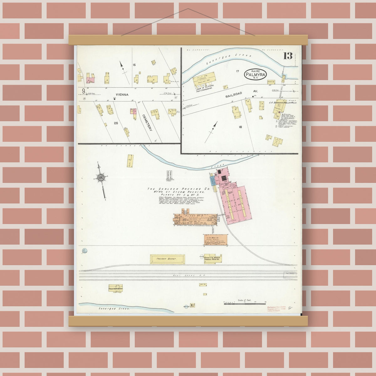 Old map wall art mockup — magnetic wood frame on brick wall — Sanborn Fire Insurance Map from Palmyra, Wayne County, New York (1912), Sheet #0013