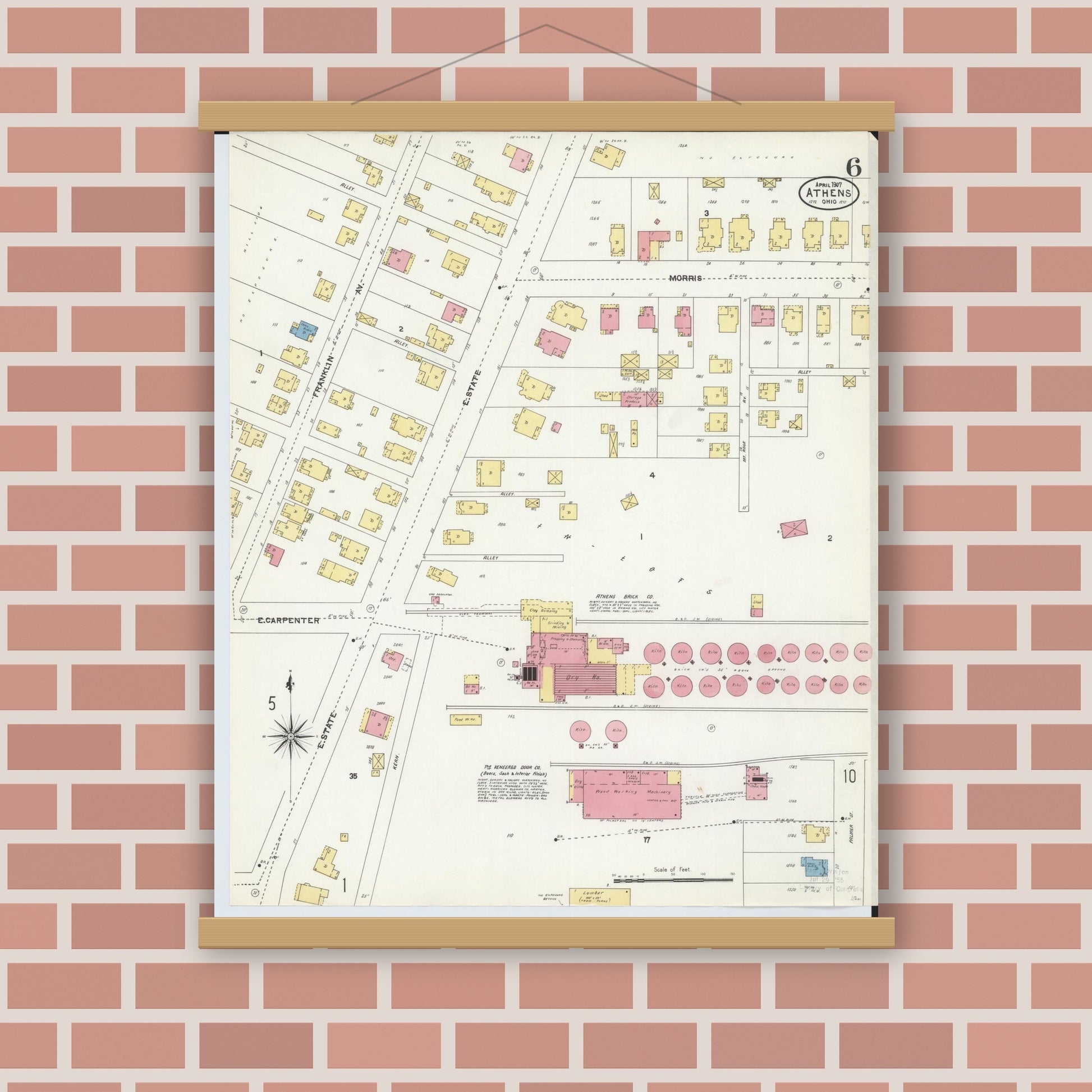 Old map wall art mockup — magnetic wood frame on brick wall — Sanborn Fire Insurance Map from Athens, Athens County, Ohio (1907), Sheet #0006