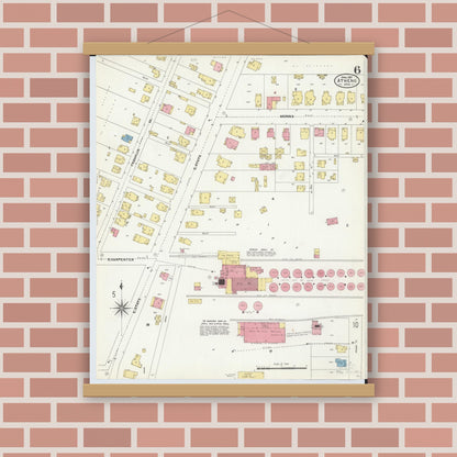 Old map wall art mockup — magnetic wood frame on brick wall — Sanborn Fire Insurance Map from Athens, Athens County, Ohio (1907), Sheet #0006