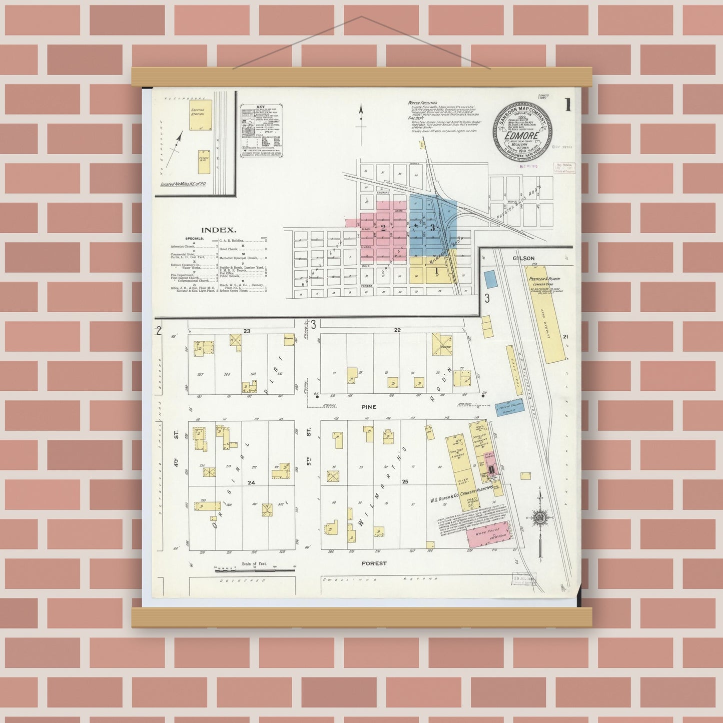 Old map wall art mockup — magnetic wood frame on brick wall — Sanborn Fire Insurance Map from Edmore, Montcalm County, Michigan (1910) - Complete Map Set
