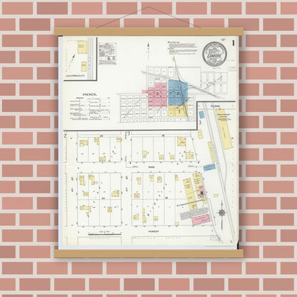Old map wall art mockup — magnetic wood frame on brick wall — Sanborn Fire Insurance Map from Edmore, Montcalm County, Michigan (1910) - Complete Map Set