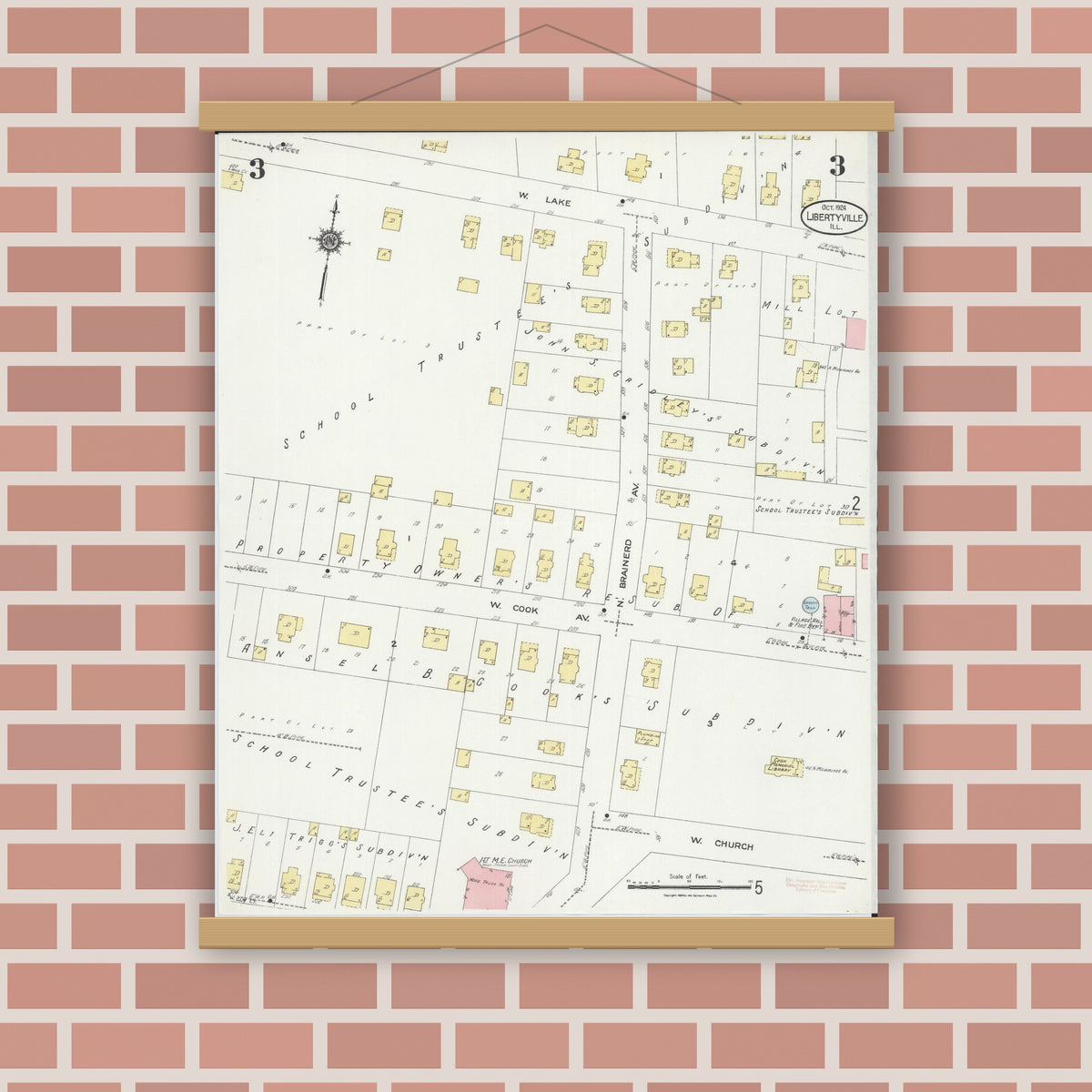 Old map wall art mockup — magnetic wood frame on brick wall — Sanborn Fire Insurance Map from Libertyville, Lake County, Illinois (1924), Sheet #0003