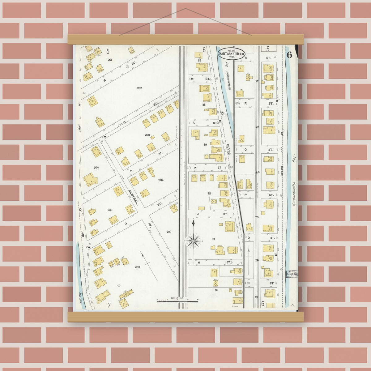 Old map wall art mockup — magnetic wood frame on brick wall — Sanborn Fire Insurance Map from Nantasket Beach, Plymouth County, Massachusetts (1903), Sheet #0006