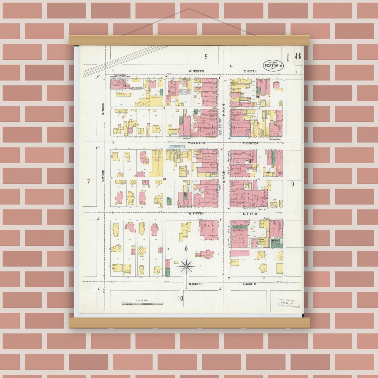 Old map wall art mockup — magnetic wood frame on brick wall — Sanborn Fire Insurance Map from Fostoria, Seneca, Hancock, And Wood Counties, Ohio (1901), Sheet #0008