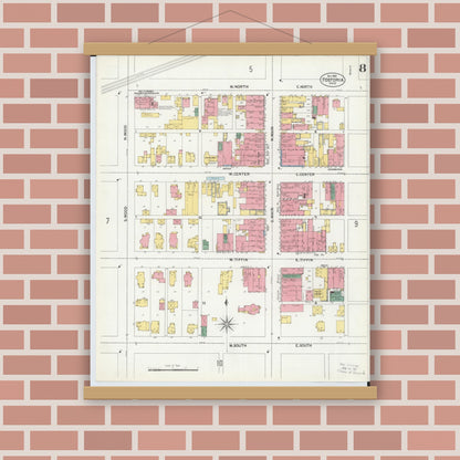 Old map wall art mockup — magnetic wood frame on brick wall — Sanborn Fire Insurance Map from Fostoria, Seneca, Hancock, And Wood Counties, Ohio (1901), Sheet #0008