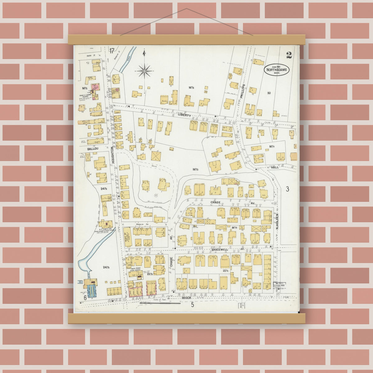 Old map wall art mockup — magnetic wood frame on brick wall — Sanborn Fire Insurance Map from North Adams, Berkshire County, Massachusetts (1901), Sheet #0002