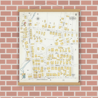 Old map wall art mockup — magnetic wood frame on brick wall — Sanborn Fire Insurance Map from North Adams, Berkshire County, Massachusetts (1901), Sheet #0002