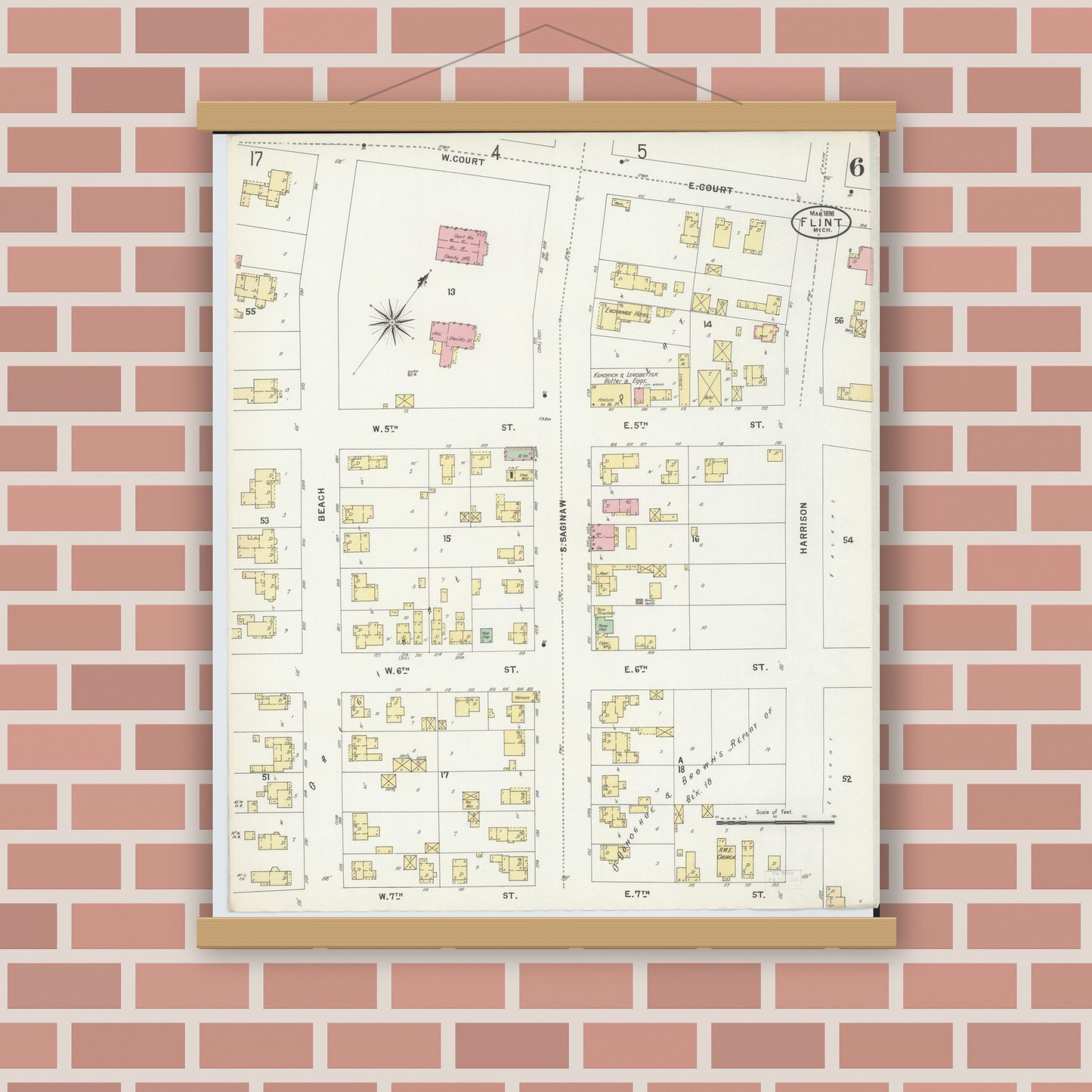 Old map wall art mockup — magnetic wood frame on brick wall — Sanborn Fire Insurance Map from Flint, Genesee County, Michigan (1898), Sheet #0006