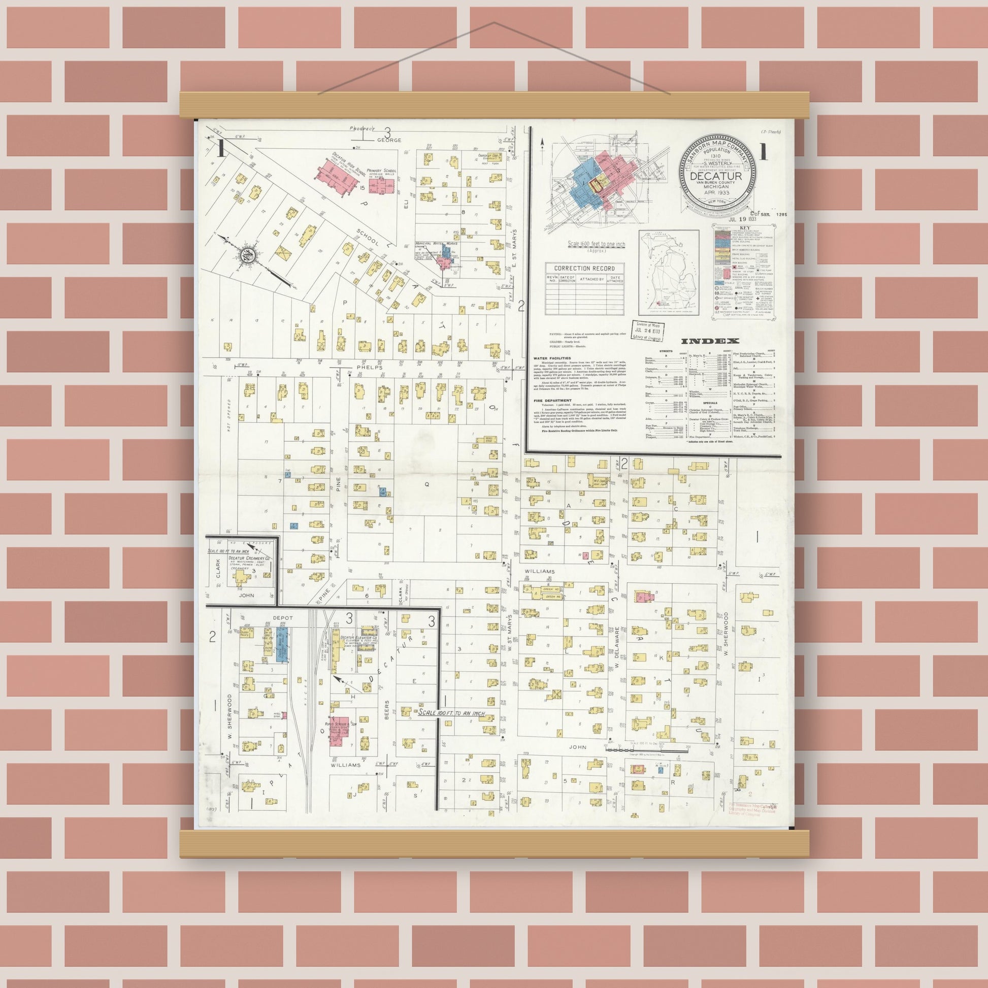 Old map wall art mockup — magnetic wood frame on brick wall — Sanborn Fire Insurance Map from Decatur, Van Buren County, Michigan (1933), Sheet #0001