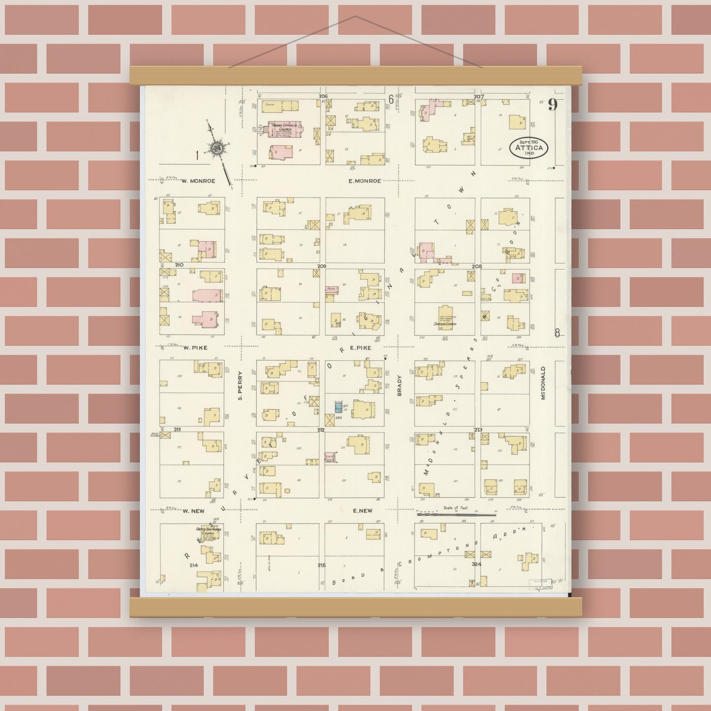 Old map wall art mockup — magnetic wood frame on brick wall — Sanborn Fire Insurance Map from Attica, Fountain County, Indiana (1910), Sheet #0009