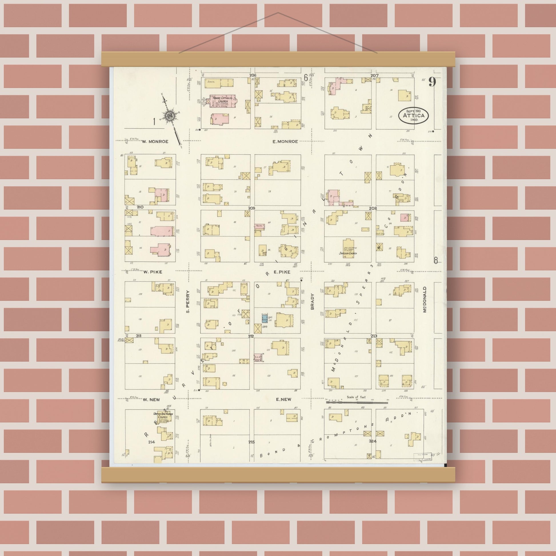 Old map wall art mockup — magnetic wood frame on brick wall — Sanborn Fire Insurance Map from Attica, Fountain County, Indiana (1910), Sheet #0009