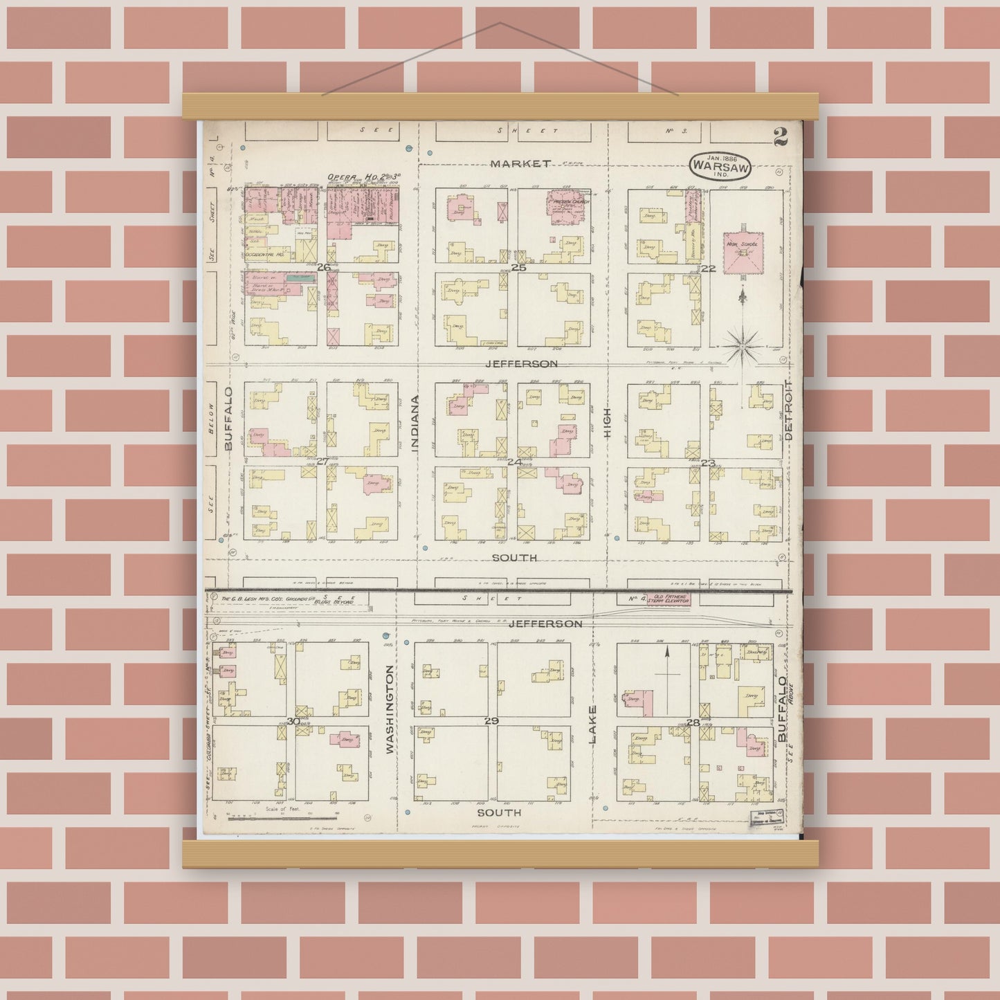 Old map wall art mockup — magnetic wood frame on brick wall — Sanborn Fire Insurance Map from Warsaw, Kosciusko County, Indiana (1886), Sheet #0002