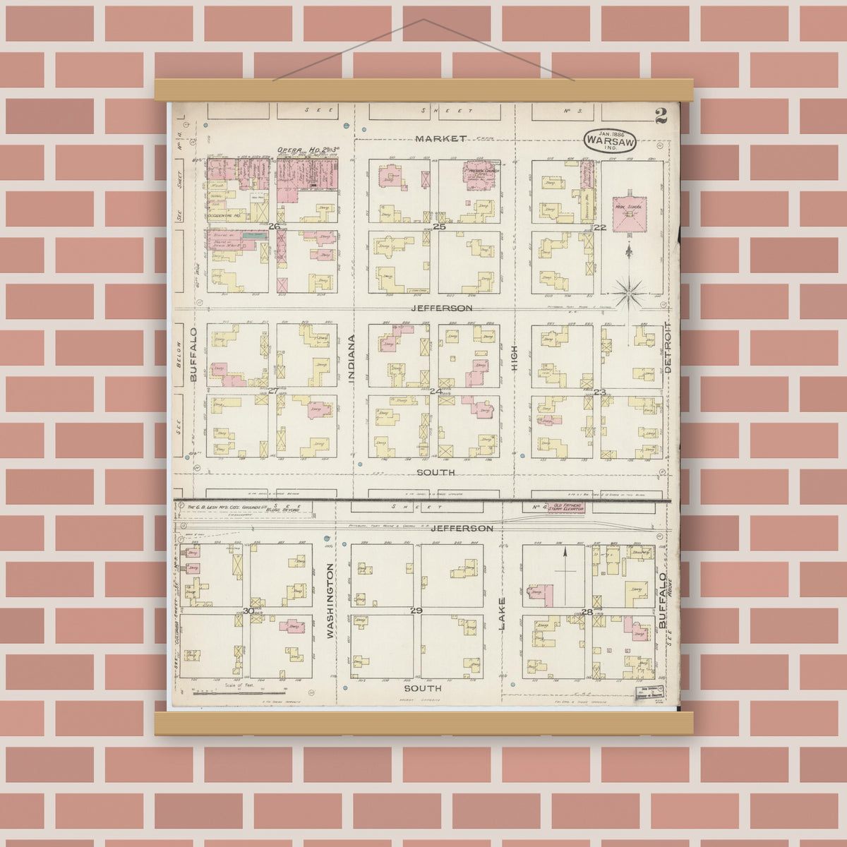 Old map wall art mockup — magnetic wood frame on brick wall — Sanborn Fire Insurance Map from Warsaw, Kosciusko County, Indiana (1886), Sheet #0002