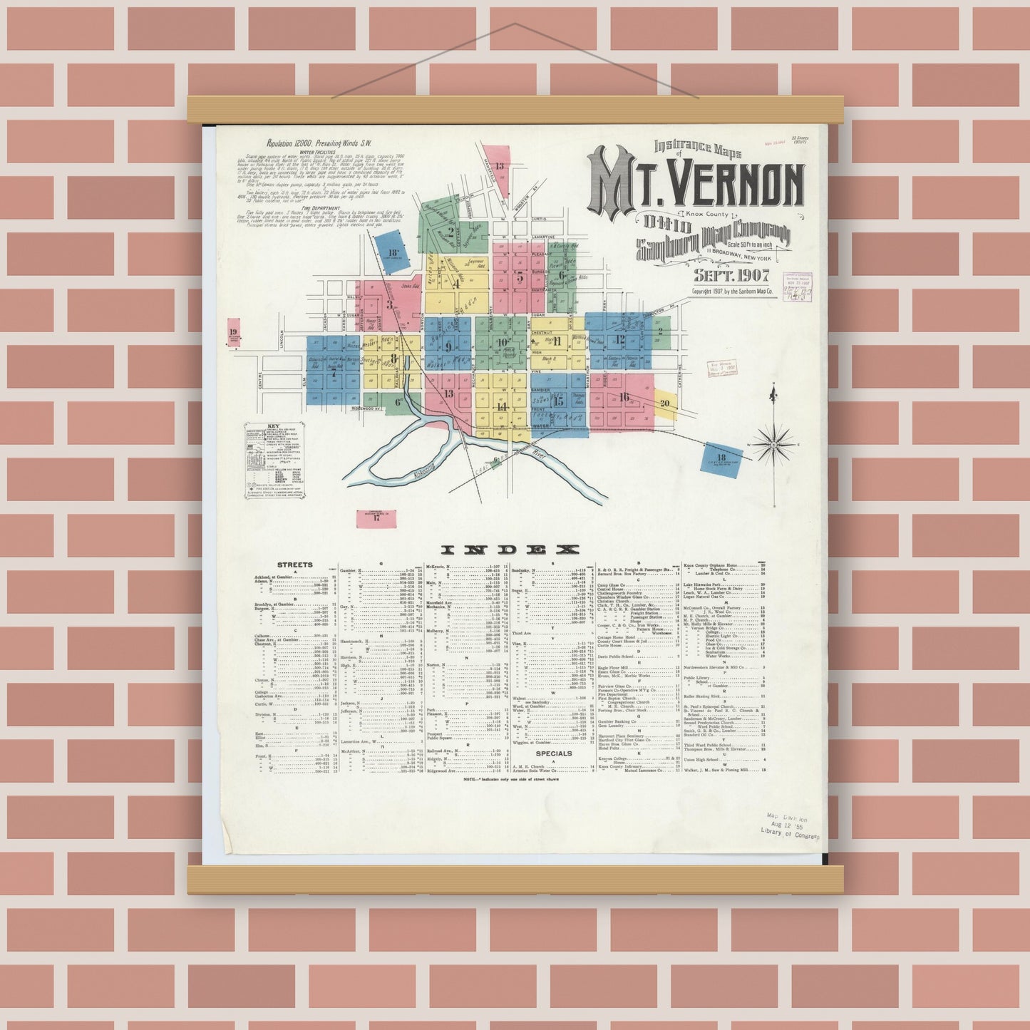 Old map wall art mockup — magnetic wood frame on brick wall — Sanborn Fire Insurance Map from Mount Vernon, Knox County, Ohio (1907), Sheet #0001