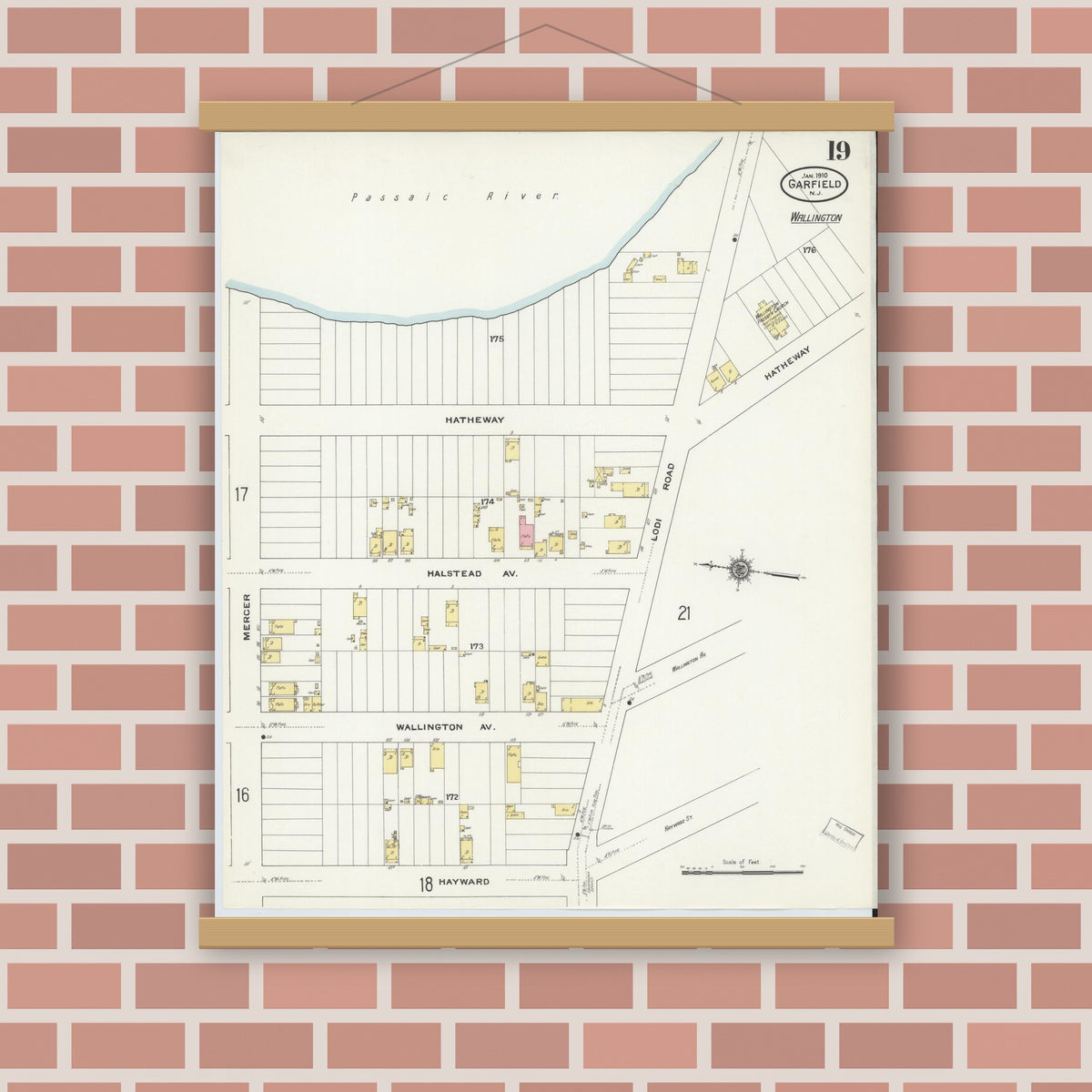 Old map wall art mockup — magnetic wood frame on brick wall — Sanborn Fire Insurance Map from Garfield, Bergen County, New Jersey (1910), Sheet #0019