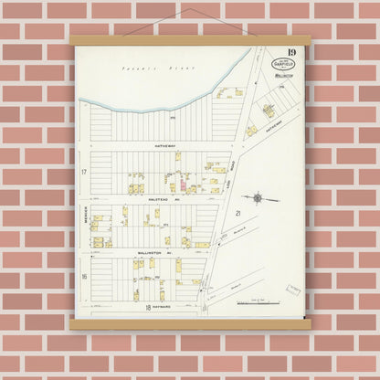 Old map wall art mockup — magnetic wood frame on brick wall — Sanborn Fire Insurance Map from Garfield, Bergen County, New Jersey (1910), Sheet #0019