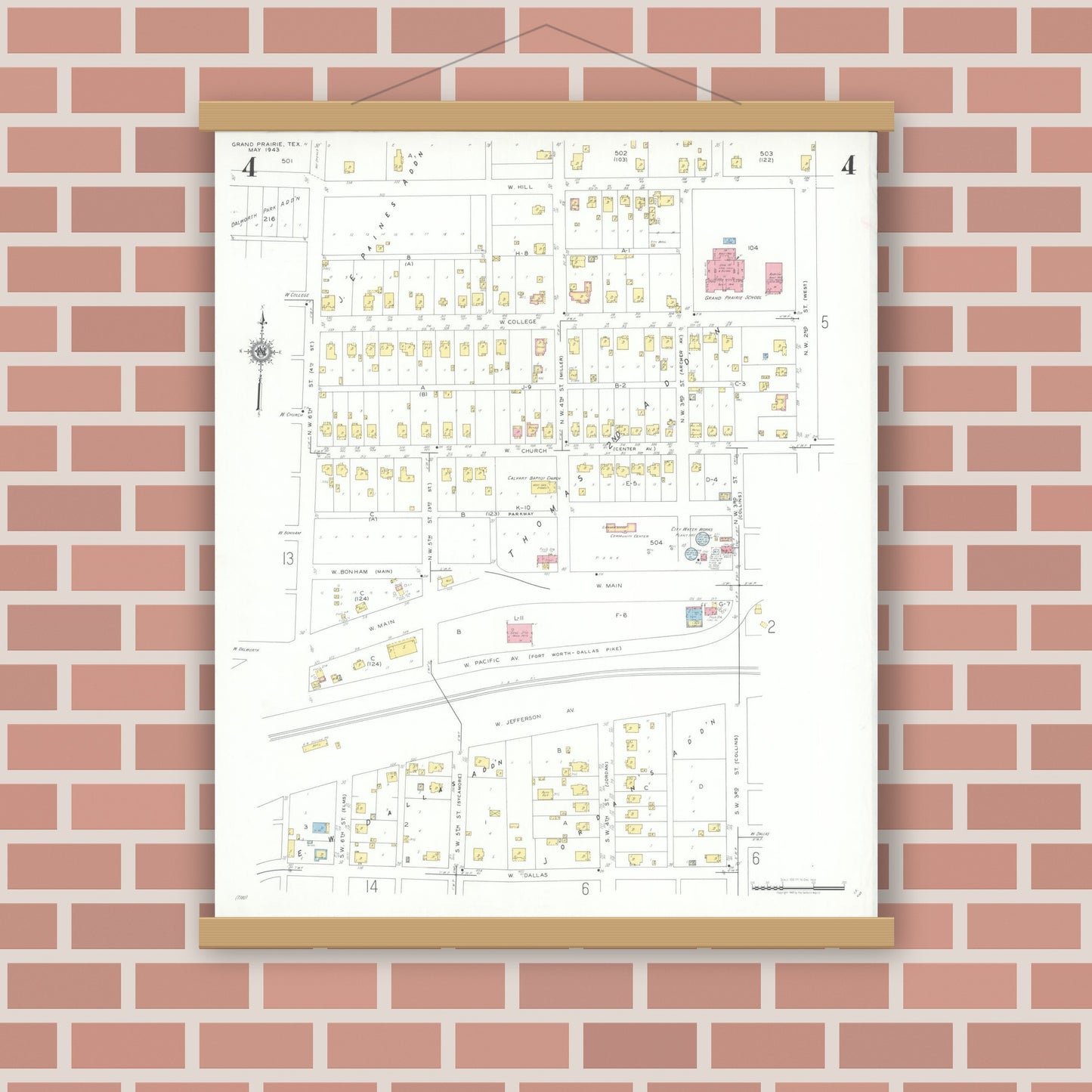 Old map wall art mockup — magnetic wood frame on brick wall — Sanborn Fire Insurance Map from Grand Prairie, Dallas County, Texas (1943), Sheet #0004