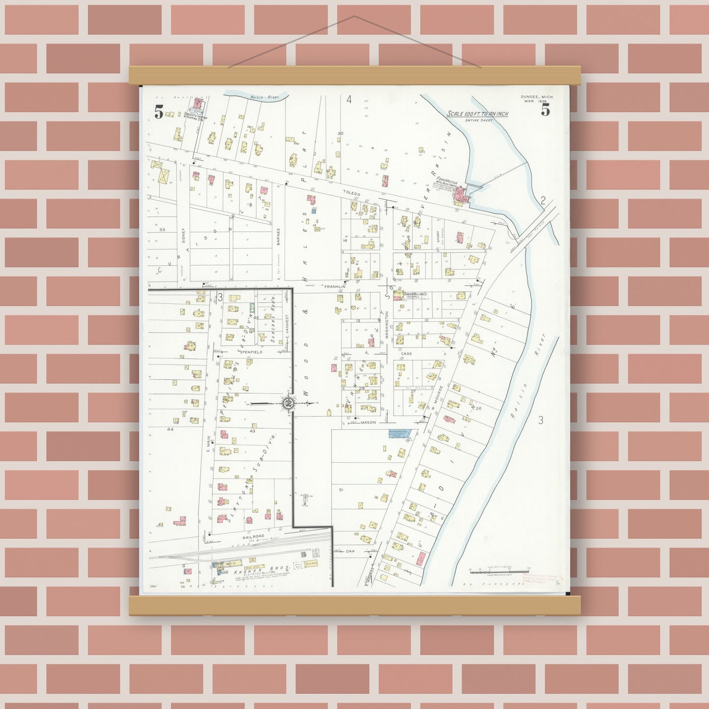 Old map wall art mockup — magnetic wood frame on brick wall — Sanborn Fire Insurance Map from Dundee, Monroe County, Michigan (1938), Sheet #0005