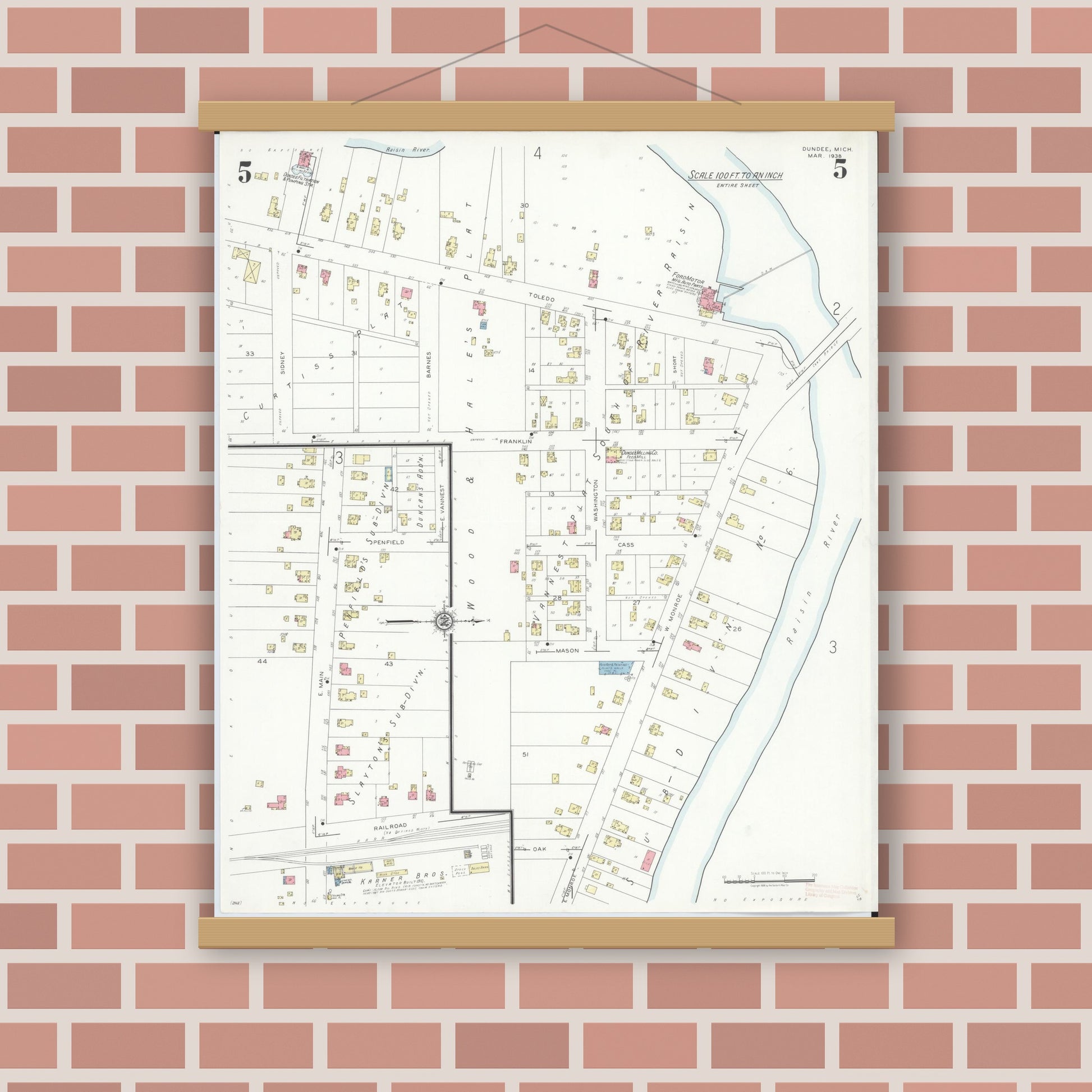 Old map wall art mockup — magnetic wood frame on brick wall — Sanborn Fire Insurance Map from Dundee, Monroe County, Michigan (1938), Sheet #0005