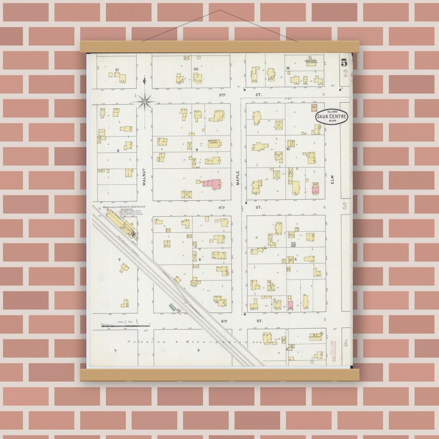 Old map wall art mockup — magnetic wood frame on brick wall — Sanborn Fire Insurance Map from Sauk Centre, Stearns County, Minnesota (1895), Sheet #0005