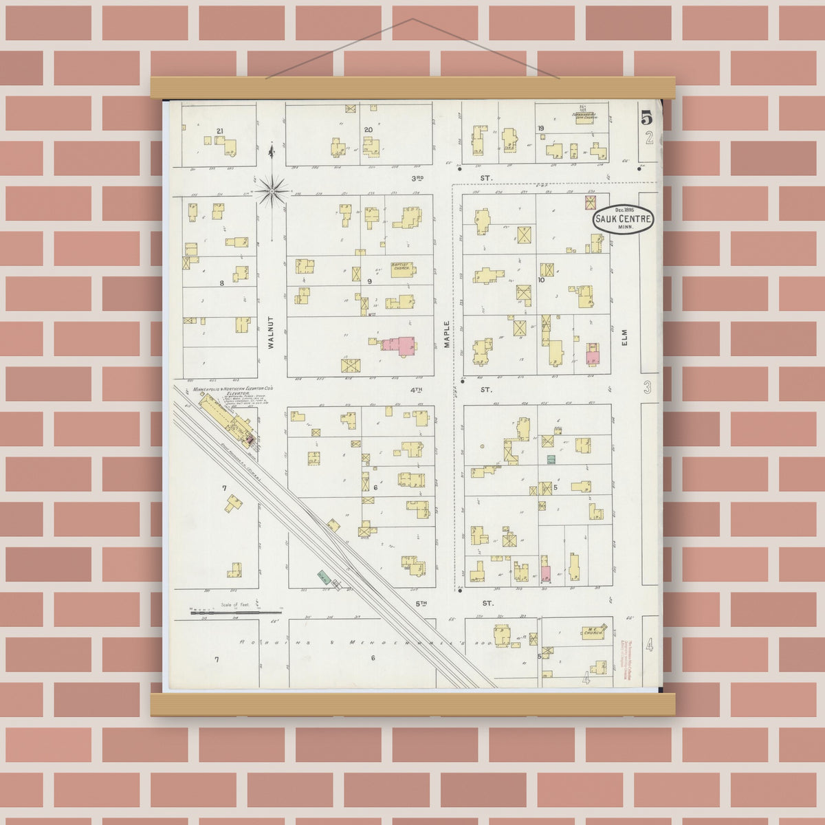 Old map wall art mockup — magnetic wood frame on brick wall — Sanborn Fire Insurance Map from Sauk Centre, Stearns County, Minnesota (1895), Sheet #0005