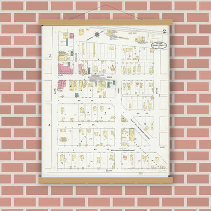 Old map wall art mockup — magnetic wood frame on brick wall — Sanborn Fire Insurance Map from Chandlerville, Cass County, Illinois (1909), Sheet #0002