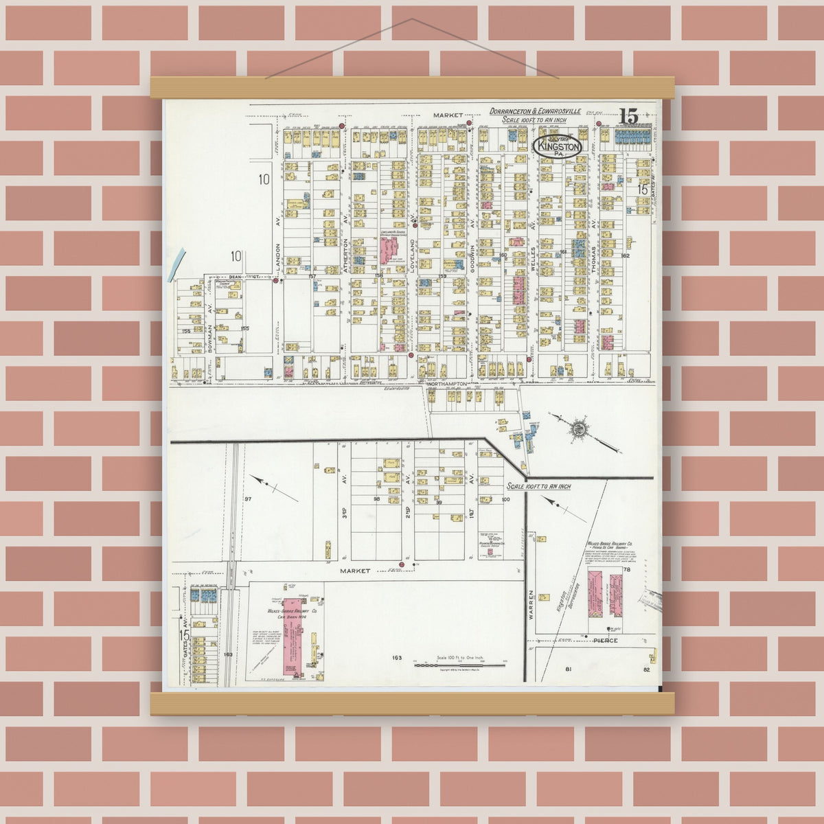 Old map wall art mockup — magnetic wood frame on brick wall — Sanborn Fire Insurance Map from Kingston, Luzerne County, Pennsylvania (1919), Sheet #0015