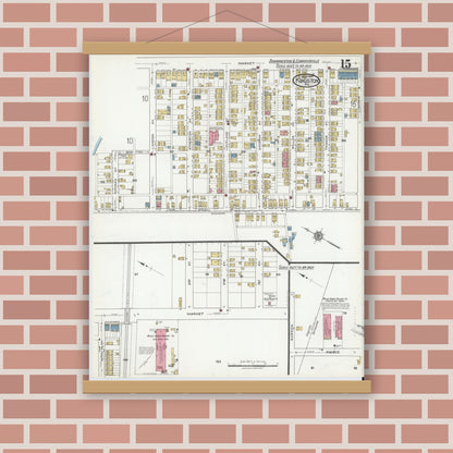 Old map wall art mockup — magnetic wood frame on brick wall — Sanborn Fire Insurance Map from Kingston, Luzerne County, Pennsylvania (1919), Sheet #0015