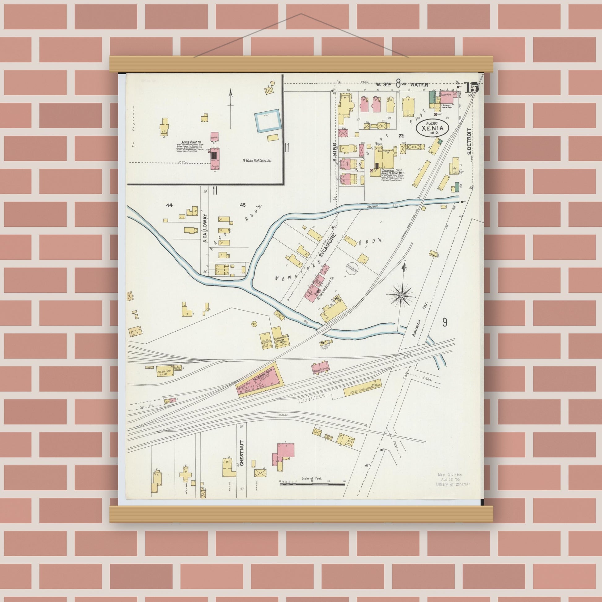 Old map wall art mockup — magnetic wood frame on brick wall — Sanborn Fire Insurance Map from Xenia, Greene County, Ohio (1901), Sheet #0015