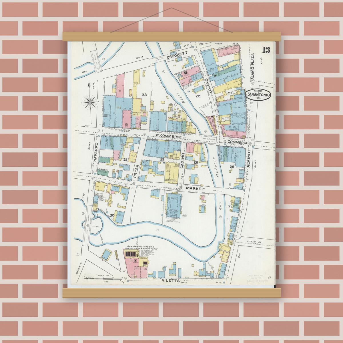 Old map wall art mockup — magnetic wood frame on brick wall — Sanborn Fire Insurance Map from San Antonio, Bexar County, Texas (1892), Sheet #0013