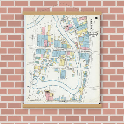 Old map wall art mockup — magnetic wood frame on brick wall — Sanborn Fire Insurance Map from San Antonio, Bexar County, Texas (1892), Sheet #0013