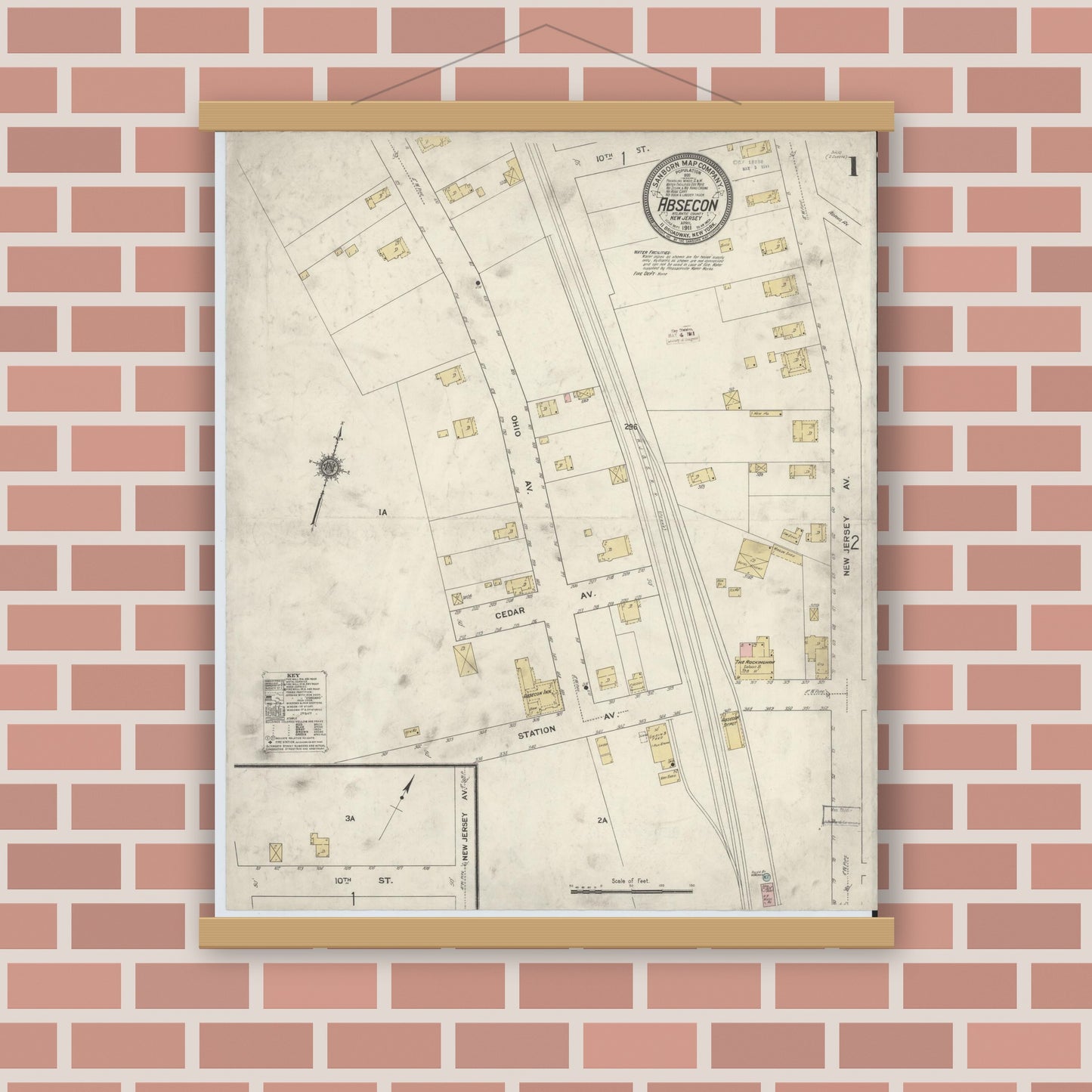 Old map wall art mockup — magnetic wood frame on brick wall — Sanborn Fire Insurance Map from Absecon, Atlantic County, New Jersey (1911) - Complete Map Set