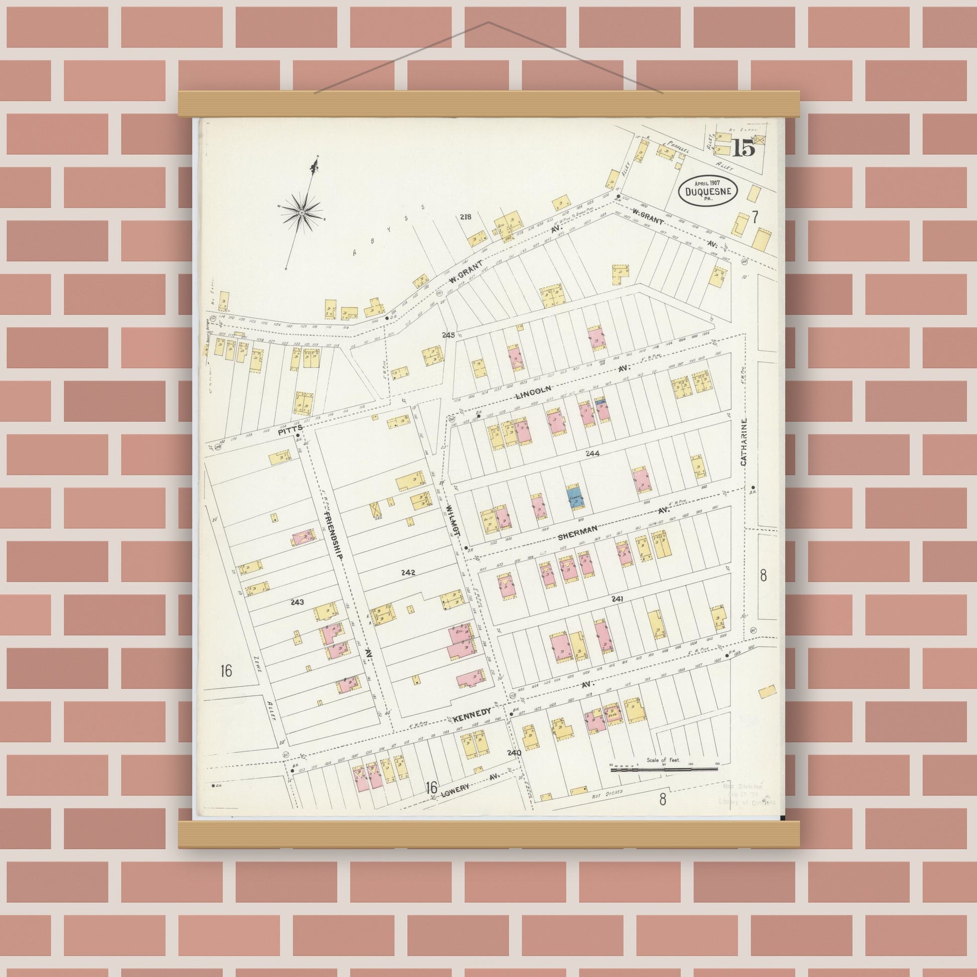 Old map wall art mockup — magnetic wood frame on brick wall — Sanborn Fire Insurance Map from Duquesne, Allegheny County, Pennsylvania (1907), Sheet #0015