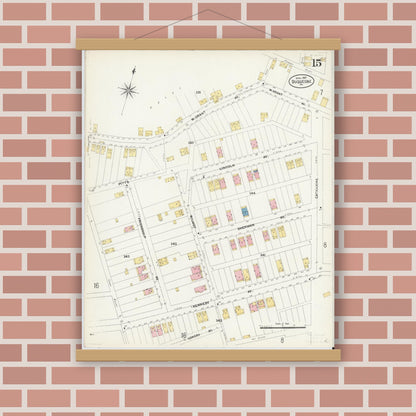 Old map wall art mockup — magnetic wood frame on brick wall — Sanborn Fire Insurance Map from Duquesne, Allegheny County, Pennsylvania (1907), Sheet #0015