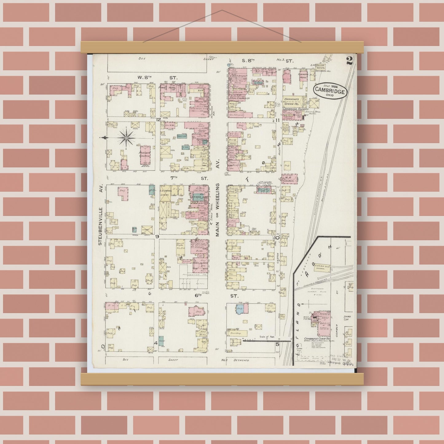 Old map wall art mockup — magnetic wood frame on brick wall — Sanborn Fire Insurance Map from Cambridge, Guernsey County, Ohio (1886), Sheet #0002