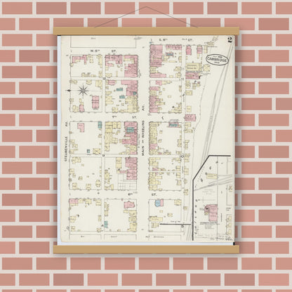 Old map wall art mockup — magnetic wood frame on brick wall — Sanborn Fire Insurance Map from Cambridge, Guernsey County, Ohio (1886), Sheet #0002