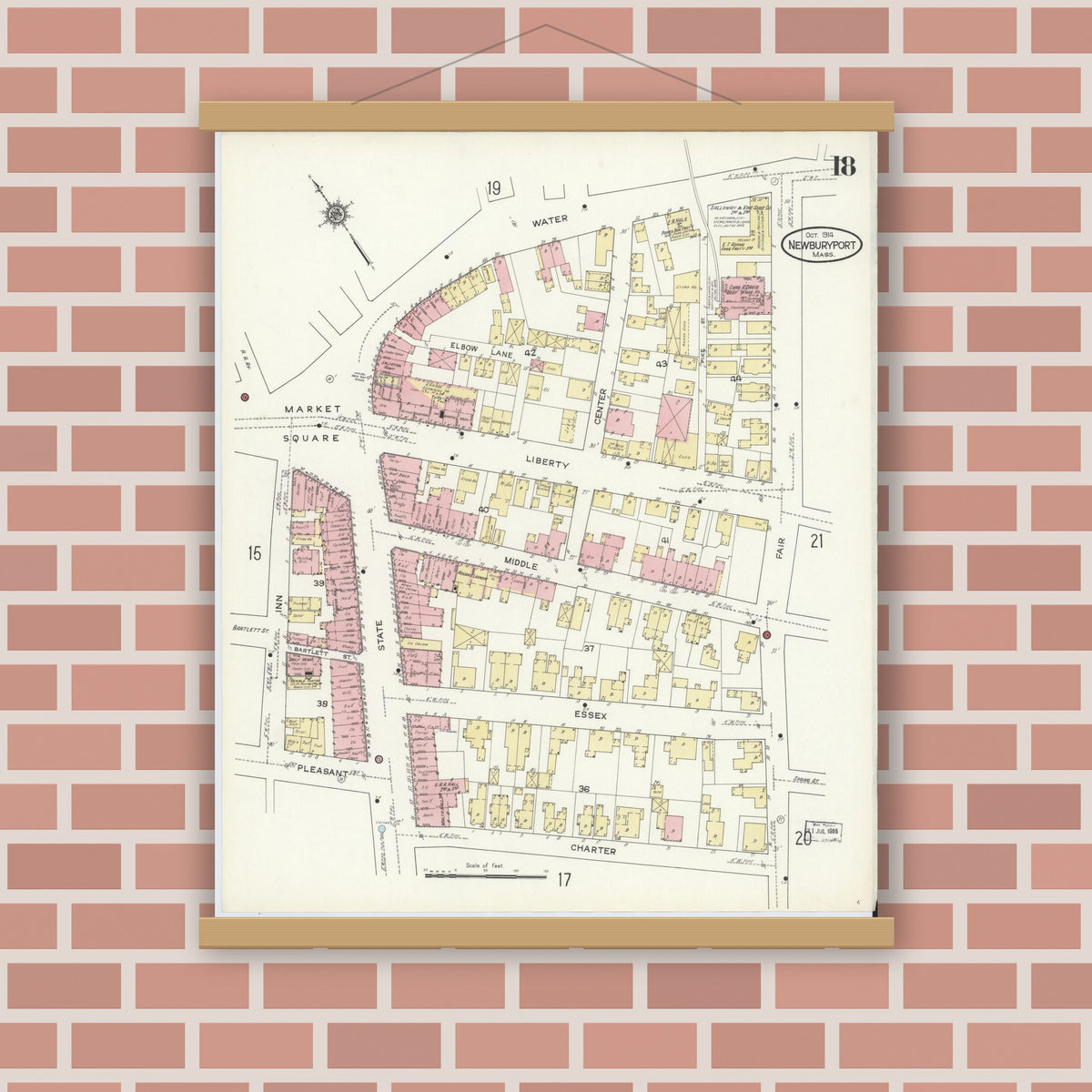 Old map wall art mockup — magnetic wood frame on brick wall — Sanborn Fire Insurance Map from Newburyport, Essex County, Massachusetts (1914), Sheet #0018