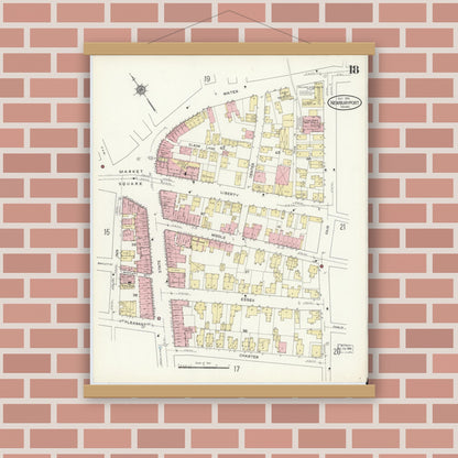 Old map wall art mockup — magnetic wood frame on brick wall — Sanborn Fire Insurance Map from Newburyport, Essex County, Massachusetts (1914), Sheet #0018