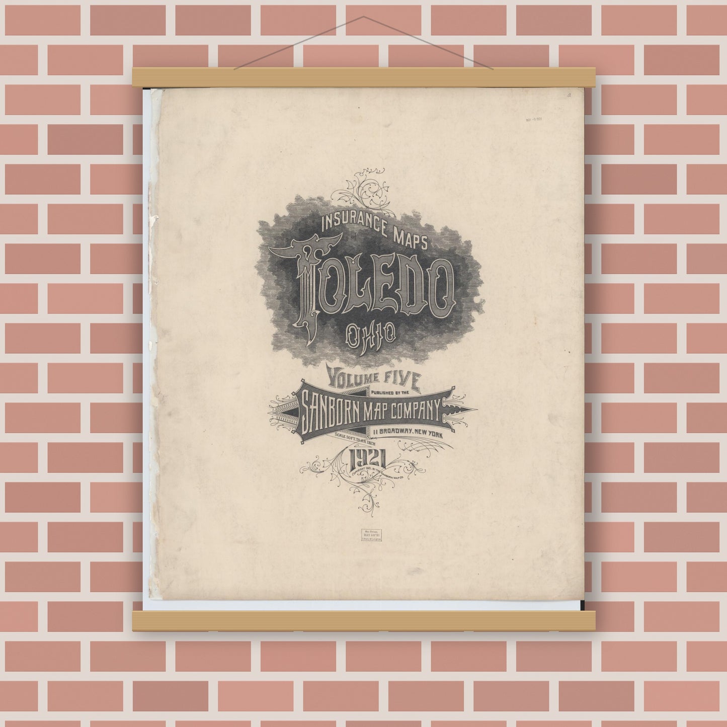 Old map wall art mockup — magnetic wood frame on brick wall — Sanborn Fire Insurance Map from Toledo, Lucas County, Ohio (1921), Sheet #0001