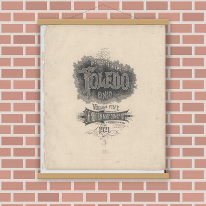Old map wall art mockup — magnetic wood frame on brick wall — Sanborn Fire Insurance Map from Toledo, Lucas County, Ohio (1921), Sheet #0001