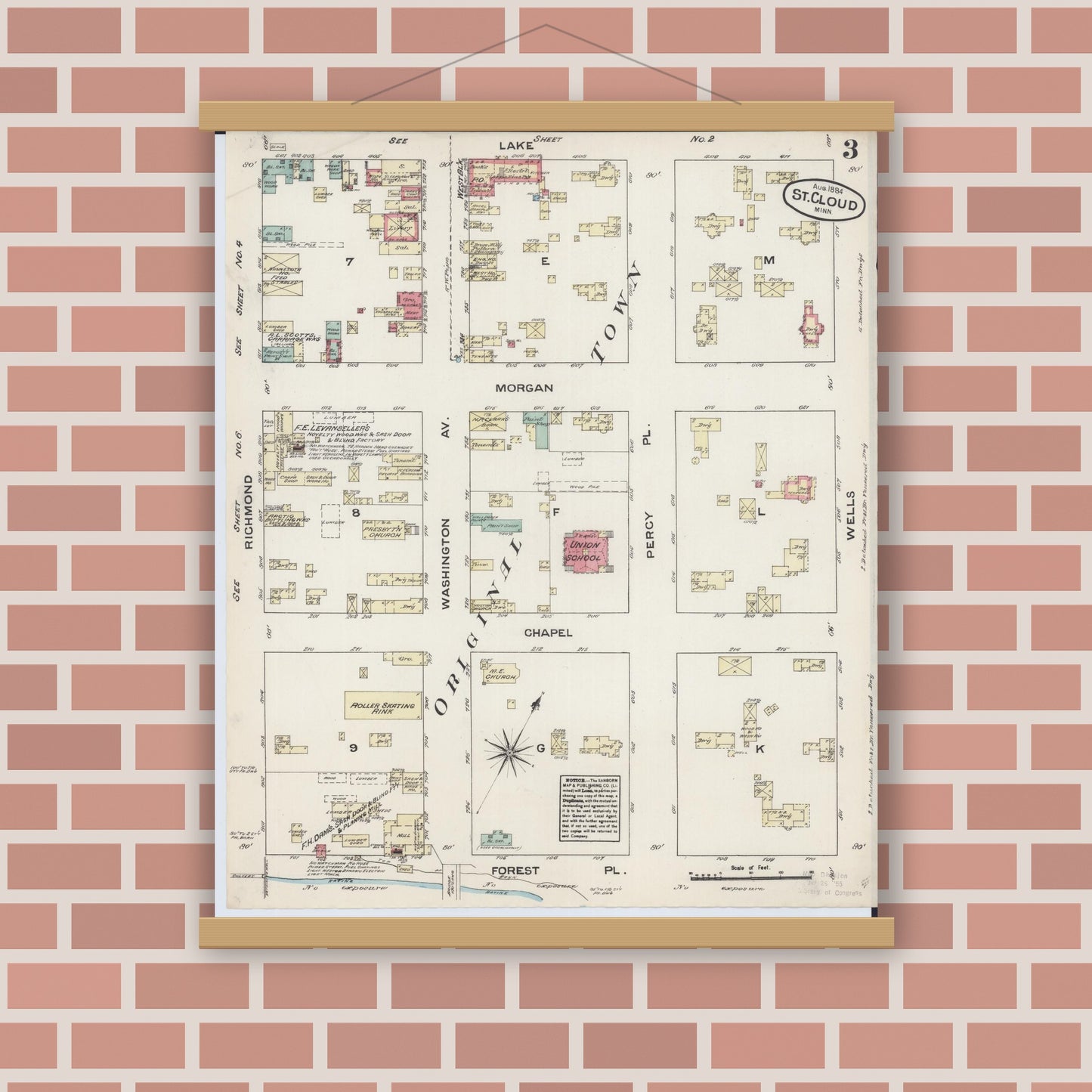 Old map wall art mockup — magnetic wood frame on brick wall — Sanborn Fire Insurance Map from Saint Cloud, Stearns, Benton, and Sherburne Counties, Minnesota (1884), Sheet #0003