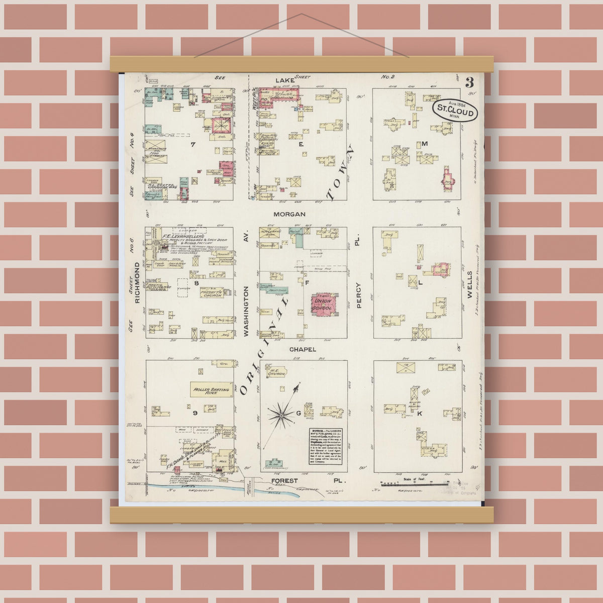 Old map wall art mockup — magnetic wood frame on brick wall — Sanborn Fire Insurance Map from Saint Cloud, Stearns, Benton, and Sherburne Counties, Minnesota (1884), Sheet #0003