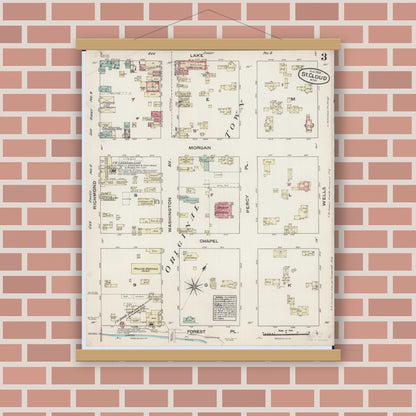 Old map wall art mockup — magnetic wood frame on brick wall — Sanborn Fire Insurance Map from Saint Cloud, Stearns, Benton, and Sherburne Counties, Minnesota (1884), Sheet #0003