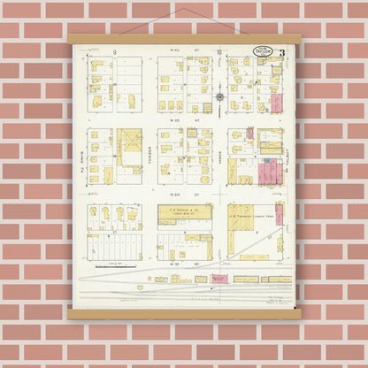 Old map wall art mockup — magnetic wood frame on brick wall — Sanborn Fire Insurance Map from Taylor, Williamson County, Texas (1916), Sheet #0003