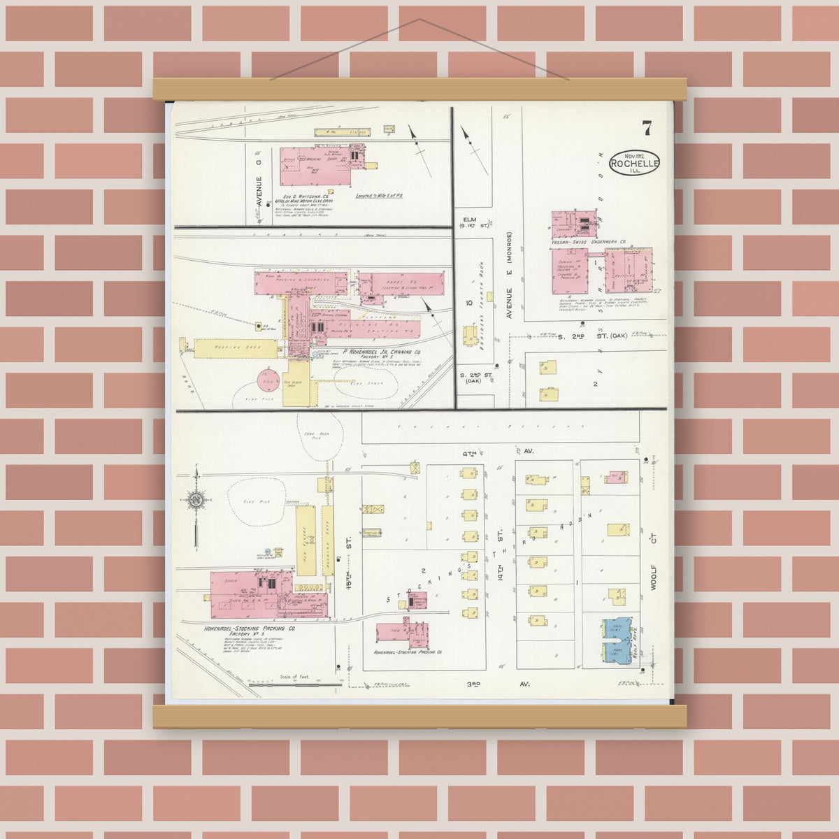Old map wall art mockup — magnetic wood frame on brick wall — Sanborn Fire Insurance Map from Rochelle, Ogle County, Illinois (1912), Sheet #0007