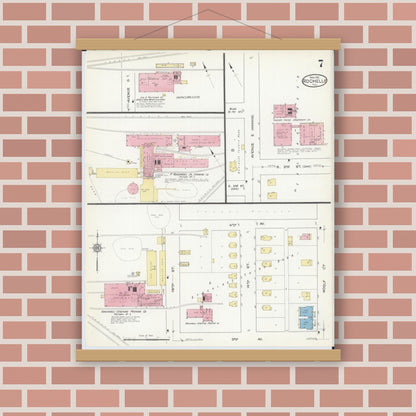 Old map wall art mockup — magnetic wood frame on brick wall — Sanborn Fire Insurance Map from Rochelle, Ogle County, Illinois (1912), Sheet #0007