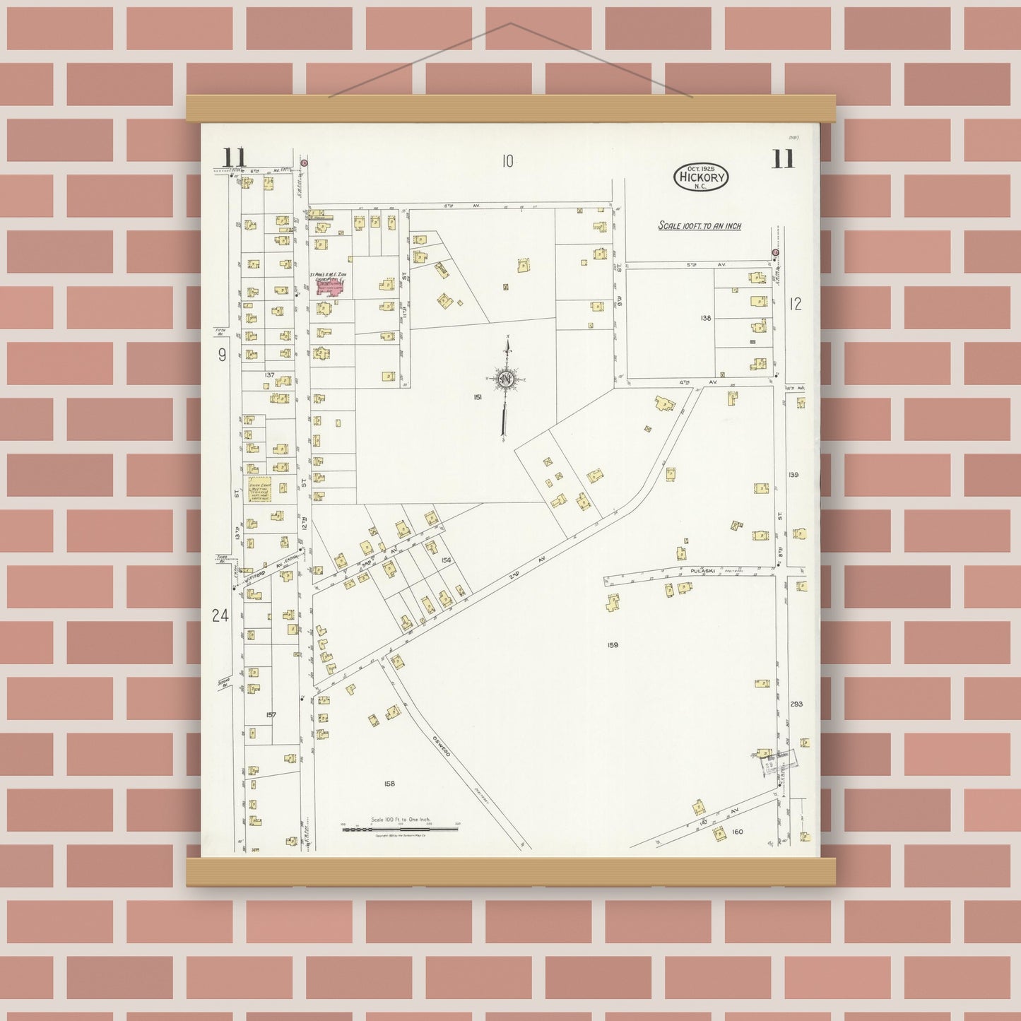 Old map wall art mockup — magnetic wood frame on brick wall — Sanborn Fire Insurance Map from Hickory, Catawba County, North Carolina (1925), Sheet #0011