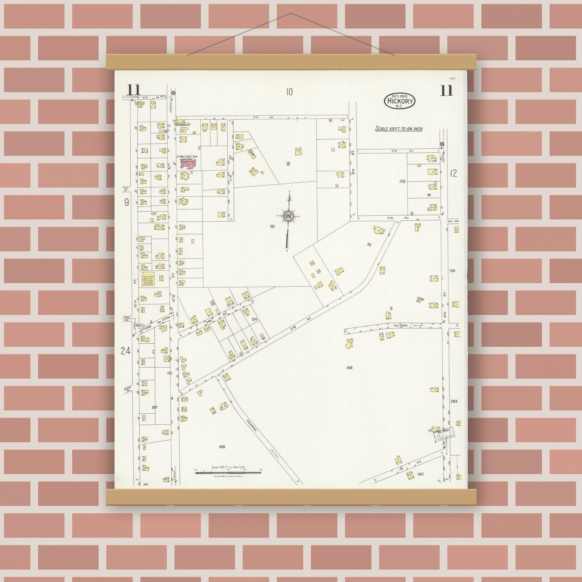 Old map wall art mockup — magnetic wood frame on brick wall — Sanborn Fire Insurance Map from Hickory, Catawba County, North Carolina (1925), Sheet #0011