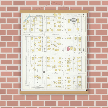 Old map wall art mockup — magnetic wood frame on brick wall — Sanborn Fire Insurance Map from Belding, Ionia County, Michigan (1918), Sheet #0005