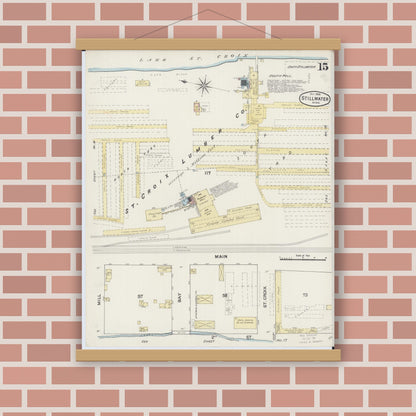 Old map wall art mockup — magnetic wood frame on brick wall — Sanborn Fire Insurance Map from Stillwater, Washington County, Minnesota (1888), Sheet #0015
